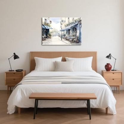 Framed Paris Cafe Canvas Wall Art, 36"x24" Blue Street Scene - color: Blue 01, size: 36"L x 24"W