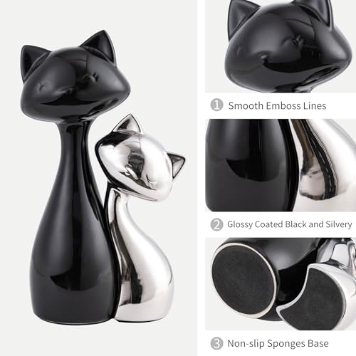 SURE YUESI Ceramic Cat Statue Set of 2, Black & Silver Cute Cat Figurines, Desk & Shelf Decor for Cat Lovers, Office Home Decor, Lucky Cat Memorial Gift for Women