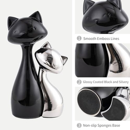 SURE YUESI Ceramic Cat Statue Set of 2, Black & Silver Cute Cat Figurines, Desk & Shelf Decor for Cat Lovers, Office Home Decor, Lucky Cat Memorial Gift for Women