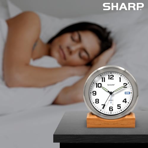 Sharp Silent Sweep Non-Ticking Analog Alarm Desk Metal Clock, Wood Stand