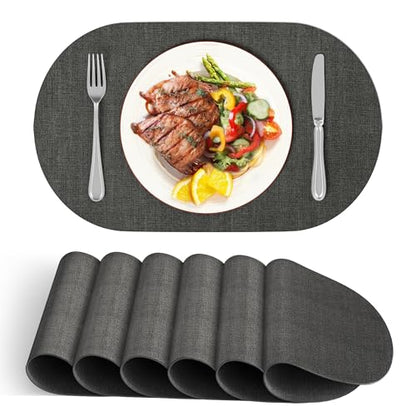 DOLOPL Oval Placemats Set of 6, Charcoal Faux Leather Table Place Mats - color: Charcoal, size: Medium: 11.8" x 17"