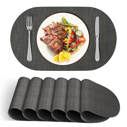 DOLOPL Oval Placemats Set of 6, Charcoal Faux Leather Place Mats, Large - color: Charcoal, size: Large: 13.8" x 21.6"