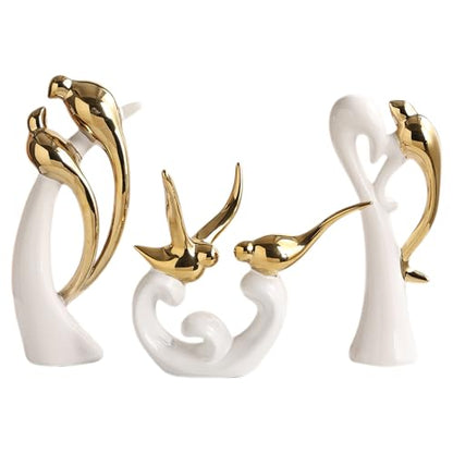 Ceramic Statues Set of 3, Birds and Base Sculpture Modern Home Decor - color: White and Gold