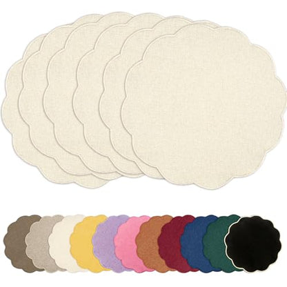 AHHFSMEI Round Scalloped Placemats Set of 6 15 Inch Faux Linen - color: Beige