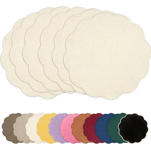 AHHFSMEI Round Scalloped Placemats Set of 6 15 Inch Faux Linen - color: Beige