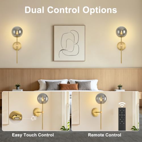 Globe Battery Operated Sconce Set of 2 with Clear Glass Lampshade - color: Gold-Smoky Gray