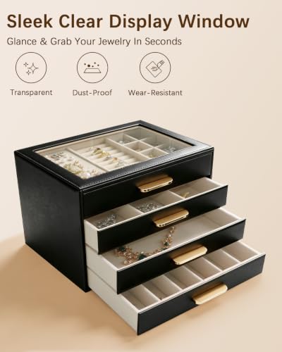 Homeanda Jewelry Boxes Organizer with Glass Lid, 4-Layer PU Leather, Black - color: Black, size: 4 Layer