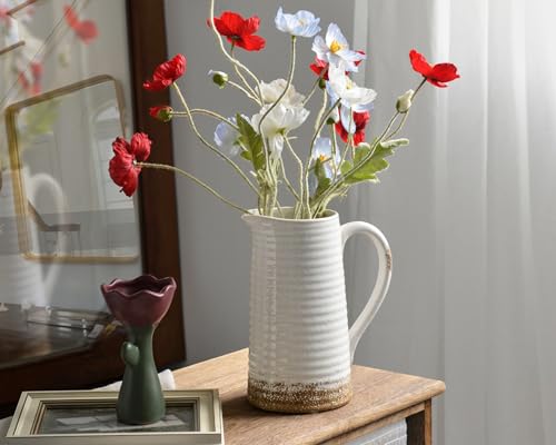 Quoowiit Ceramic Rustic Vase with Handle, White Distressed Decorative Farmhouse Pitcher Vase for Home Decor Living Room Bedroom Kitchen Office Shelf Decor Centerpiece Table Decoration - color: 8.8 Inch White Pitcher