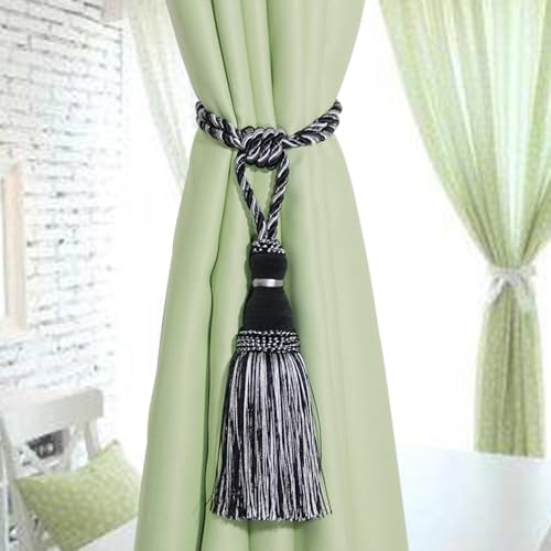 BEL AVENIR 2 Pack Curtain Tiebacks Tassel Drapery Tie-Backs Rope Holdbacks - color: Mix Black, size: 2 Pack