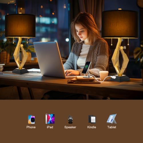 Scenekoy Gold Leaf Finish Table Lamp Set of 2 with USB Ports for Bedroom - size: 26 inches Gold Leaf -029