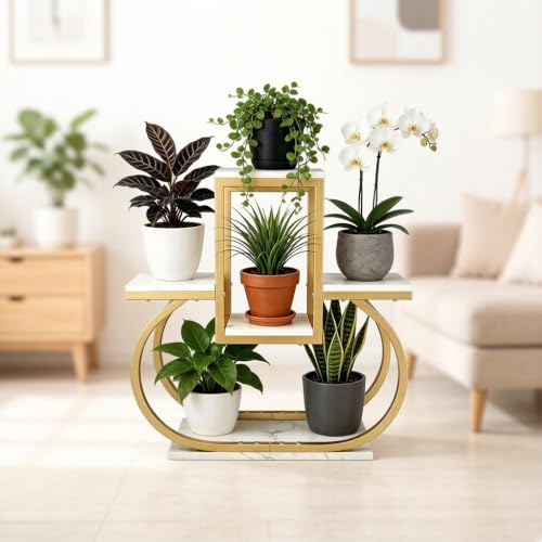 Corner Plant Stand Gold Indoor, Multi‑Tier Plant Shelf, Modern Flower Pot Holder with Marble‑Patterned Shelves for Living Room Bedroom Balcony Home Decoration Halloween Gifts