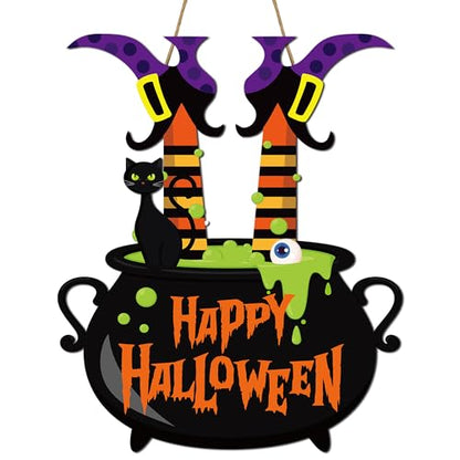 Halloween Witch Door Sign Happy Halloween Wooden Sign Plaque Witch Leg Front Door Hanging Decor Wood Welcome Signs for Home Farmhouse Hanger Porch Wall Decor Witches Party Supplies