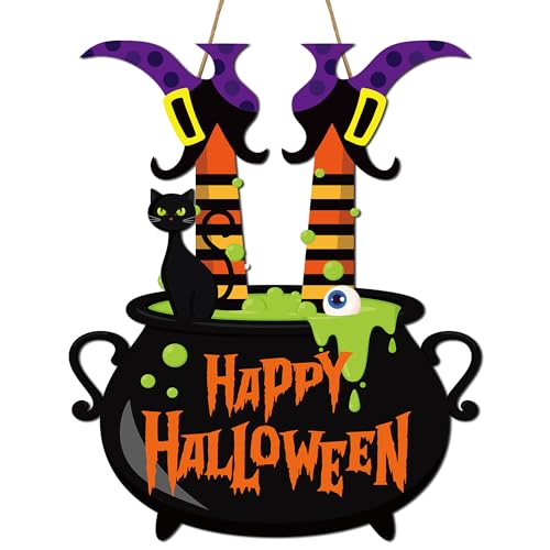 Halloween Witch Door Sign Happy Halloween Wooden Sign Plaque Witch Leg Front Door Hanging Decor Wood Welcome Signs for Home Farmhouse Hanger Porch Wall Decor Witches Party Supplies
