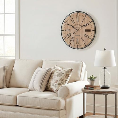 EMAX HOME 20 Inch Large Farmhouse Wall Clock, Light Wood Grain Face with Black Metal Frame, Silent Non-Ticking Quartz Movement, Easy-to-Read Roman Numerals, for Living Room, Bedroom, Kitchen. - color: Brown, size: 20 Inch Black numerals