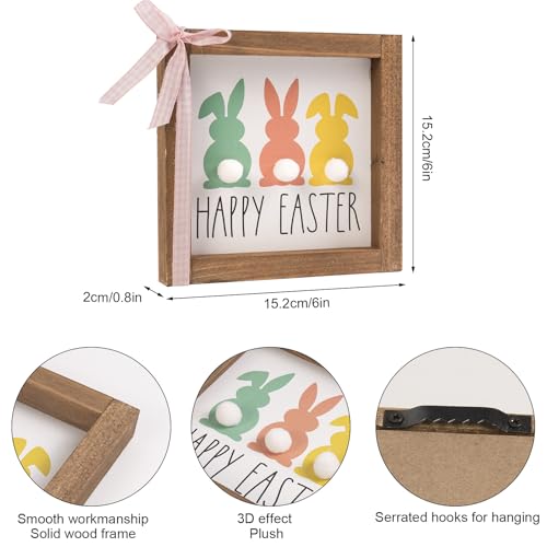 caiydramy Happy Easter Sign, Wooden Easter Bunny Decor with 3D Pom Pom Tail, Spring Wood Decorative Signage Indoor Table Wall Art Shelf Tiered Tray Office Desk Mantel Rustic Farmhouse Home Decorations