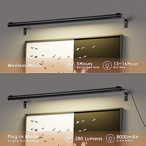 Battery Operated Wireless Picture Light，Rechargeable/Plugged in 31.5inch Painting Display Light,Remote Control Wall Lights with Three Modes and Timing for Art Frame (Black)