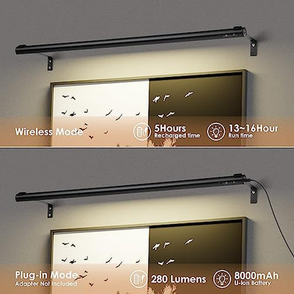 Battery Operated Wireless Picture Light，Rechargeable/Plugged in 31.5inch Painting Display Light,Remote Control Wall Lights with Three Modes and Timing for Art Frame (Black)