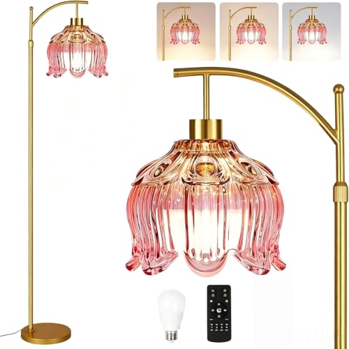 QIYIZM Pink Floor Lamp for Living Room,Bedroom,Gold Dimmable Standing Lamp with Remote,Mid Century Modern Brass Tall Lamp Boho Floor Lamps Arc Stained Glass Flower Floor Light Lamp Girls kids Bohemian - size: Floor Lamp--11