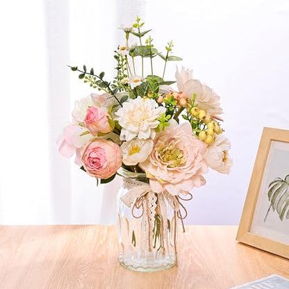 LUEUR Artificial Hydrangea in Vase, Silk Pink Dahlia Flower Bouquet - color: Pink