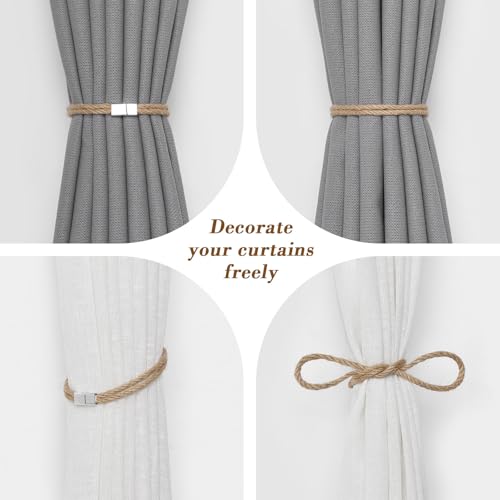 NICEEC 2 Pack Natural Jute Rope Curtain Tiebacks Elegant Boho Style Magnetic Drape Tie Backs Soft Hand-Woven Rope Curtain Holdbacks for Home & Office Drapery (Double Rope-Jute) - color: Double Rope-jute, size: 2 Pack