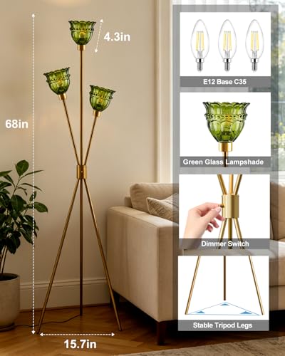 Lightdot Green Glass Tripod Floor Lamp Dimmable Gold Floor Flower Lamps - color: Green-Gold-79F