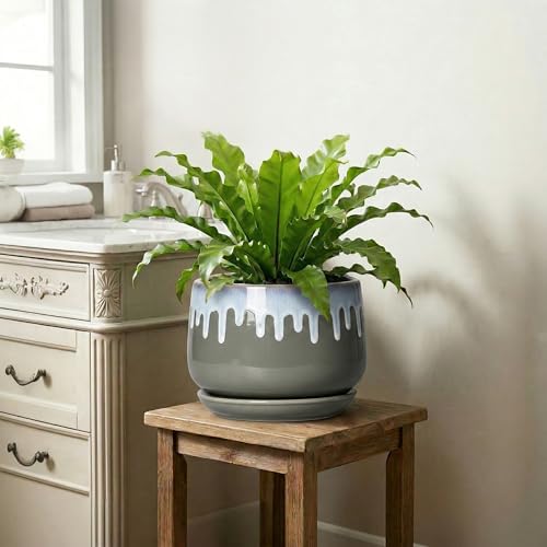 Ceramic Flower Pots, 9 Inch Planters for Indoor Plants, Grey-Blue - size: 9 Inch, style: Grey-blue
