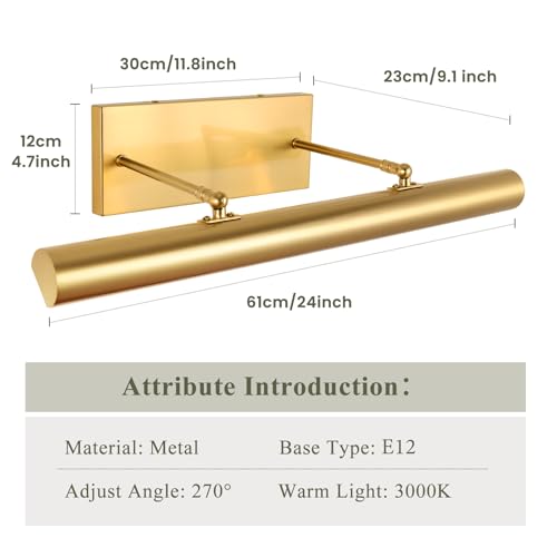 BELS Picture Lights for Wall Hardwired, 24 Inch Gold Wall Lights for Pictures,3-Light E12, 270° Adjustable Swing Arm, Plug in Wall Light for Artwork Poster Portrait Library Display