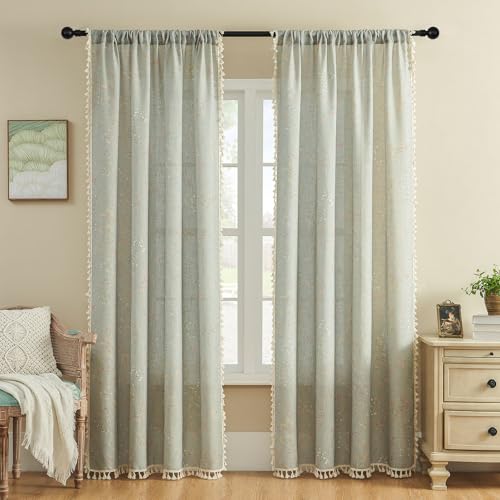Joydeco Linen Floral Boho Curtains 108 Inch, 2 Panels with Tassels - color: Floral 2, size: 52"W x 108"L (Pack of 2)