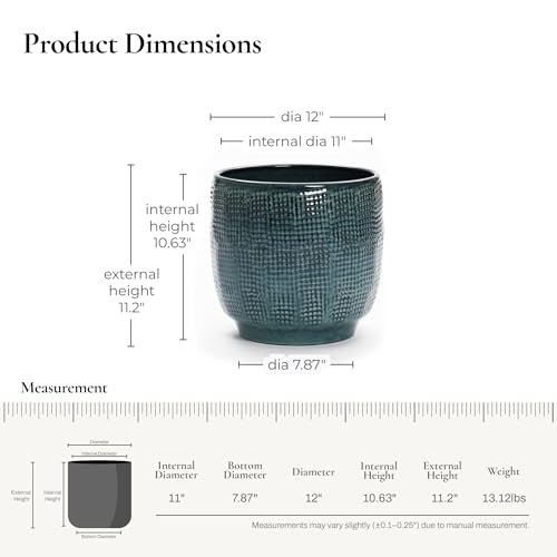 LuxenHome 12" Large Round Ceramic Pots for Plants, Glazed Green Planter