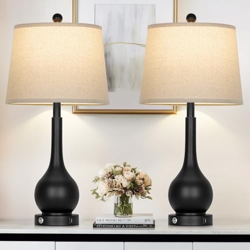 Rinweey 26" Black Table Lamps Set of 2, Touch Control Lamps for Living Room, 3-Way Dimmable Bedroom Bedside Lamps for Nightstands with USB A+C Port (2 LED Bulbs Included) - color: Black (2 Pack)