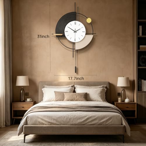 Large Black Modern Wall Clock with Pendulum Silent Battery Operated | MDF&metal material, quartz movement (<20dB), large black Arabic numerals, easy mount. Ideal for living room kitchen bedroom - size: 17.7x31in