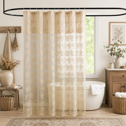TUDECO Beige Lace Shower Curtain with Attached Valance, 72 x 72 Inch - color: Beige, size: 72"W x 72"L (Pack of 1)