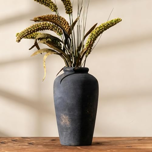 11" Tall Large Matte Black Vintage Ceramic Flower Vase, Distressed Bronze Terracotta Farmhouse Vase, Table Centerpiece for Living Room Entryway Kitchen Bathroom, Fits Dried Pampas Grass (101-bronze) - color: 101-bronze