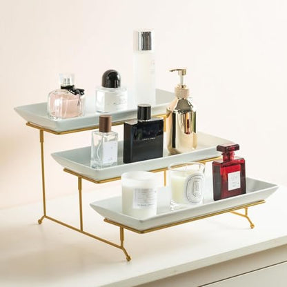 Gomakren 3 Tier Serving Stand, 14 Inch White Serving Platter with Trays - color: Gold, size: 15.7" x 13.5" x 9.2"