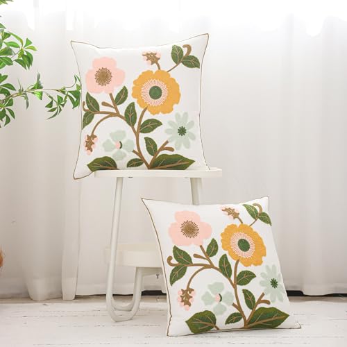 Embroidered Throw Pillow Covers 18x18 Pack of 2 Pink Yellow Flower - color: Yellow and Pink Flowers