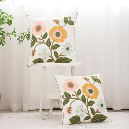 Embroidered Throw Pillow Covers 18x18 Pack of 2 Pink Yellow Flower - color: Yellow and Pink Flowers