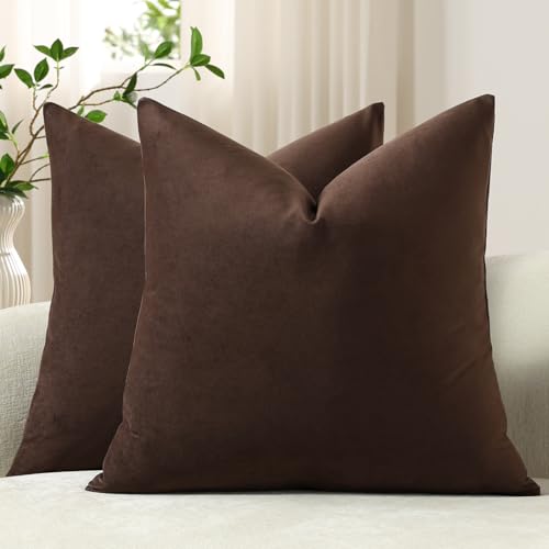 DEZENE Throw Pillow Covers 22x22 Chocolate Brown: Pack of 2 Cozy Soft Velvet Square Modern Luxury Decorative Throw Pillow Cases for Sofa Couch Living Room Bed Home Decor - color: Chocolate Brown, size: 22" x 22" (Pack of 2)