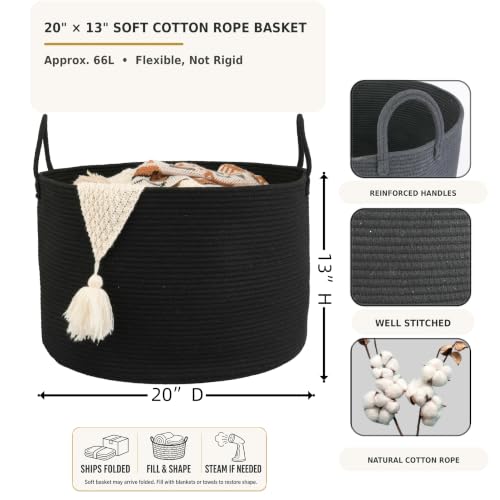 XUANGUO 66L Large Blanket Basket, Round Cotton Rope Basket, Black - color: black