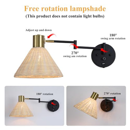 Plug in Rattan Wall Sconce Swing Arm Wall Lamp, Black - color: Black+Rattan Shade