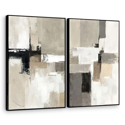 SAFERRYHOME Neutral Abstract Beige,Gray and Black Wall Art Set of 2,24"x36" - color: Neutral, size: 24" x 36" x 2 Panel Framed