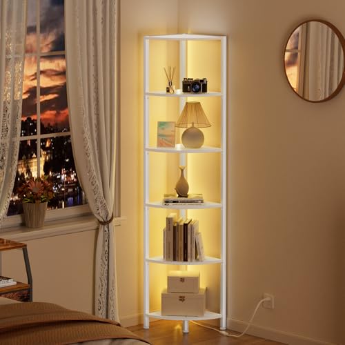 Furnulem 6 Tier Corner Shelf with LED Light, 67.5" White Narrow Bookshelf - color: White