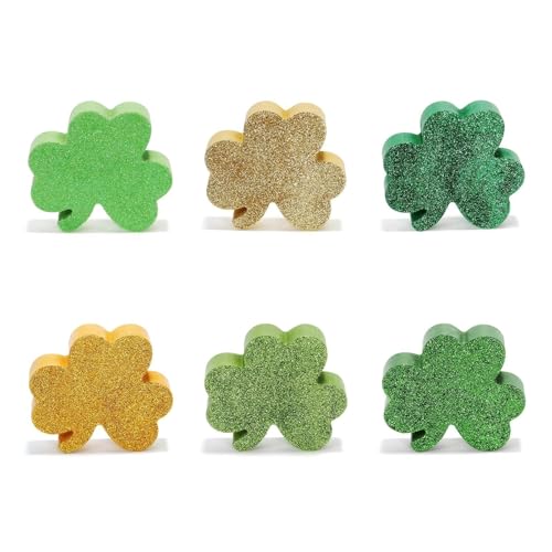 St Patricks Day Shamrocks Decorations, 6 Pack Wooden Glitter Shamrocks
