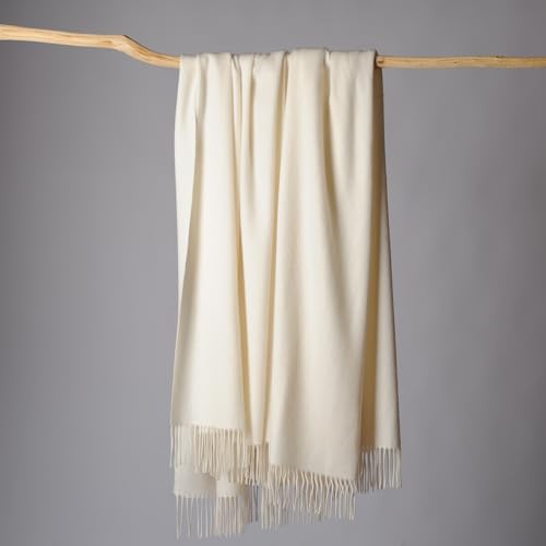 CUDDLE DREAMS Premium Cashmere Throw Blanket with Fringe (Ivory) - color: Ivory