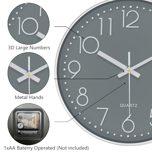 Silent Wall Clocks Battery Operated 8 Inch, Analog Wall Clock with Oversized Number Tempered Glass Clock Face, Quartz Non Ticking Wall Clocks for Living Room Bedroom Kitchen Office, Grey - color: Gray, size: 8 Inch