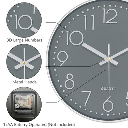 Modern Silent Wall Clock - 12 Inch Wall Clocks Battery Operated Large Number, Non-Ticking Analog Clock with Tempered Glass Quartz Clocks for Living Room Bedroom Office Kitchen, Grey - color: Gray, size: 12 Inch