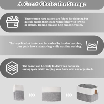 Goodpick 50L Large Woven Rope Storage Basket with Handles, Light Gray - color: Light Grey, size: 18"L x 14"W x 12"H