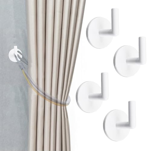INCREWAY 4PCS Curtain Holdbacks, Self Adhesive Wall Mounted Drapery Tieback Holders Non-Trace Stick Metal Wall Hook Storage Holder Curtain Hooks Hanger for Home Decor（White） - color: White, size: 4pcs