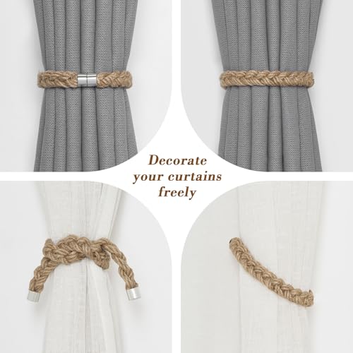 NICEEC 2 Pack Natural Jute Rope Curtain Tiebacks Elegant Boho Style Magnetic Drape Tie Backs Soft Hand-Woven Rope Curtain Holdbacks for Home & Office Drapery (Jute Rope-Thick) - color: Jute Rope-thick, size: 2 Pack