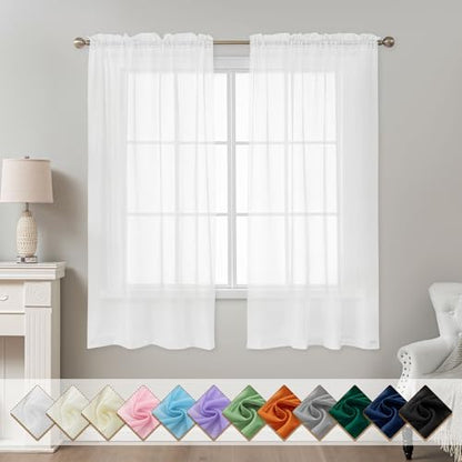 White Sheer Curtains 63 Inch Length Rod Pocket - color: White, size: 42"W x 63"L (Pack of 2)