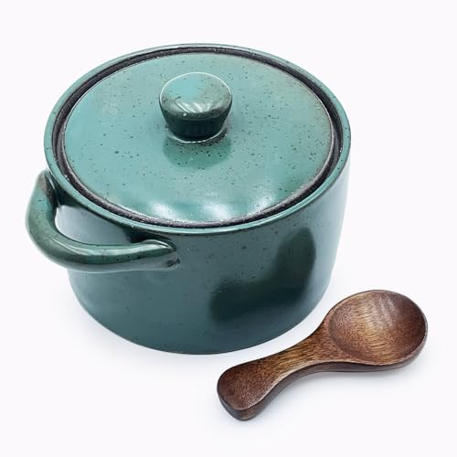 12 oz Ceramic Salt Cellar with Lid & Wooden Spoon,Countertop Salt Container,Sugar Bowl,Spices Jar| Artisan Kitchen Decor(Green B) - color: Green B